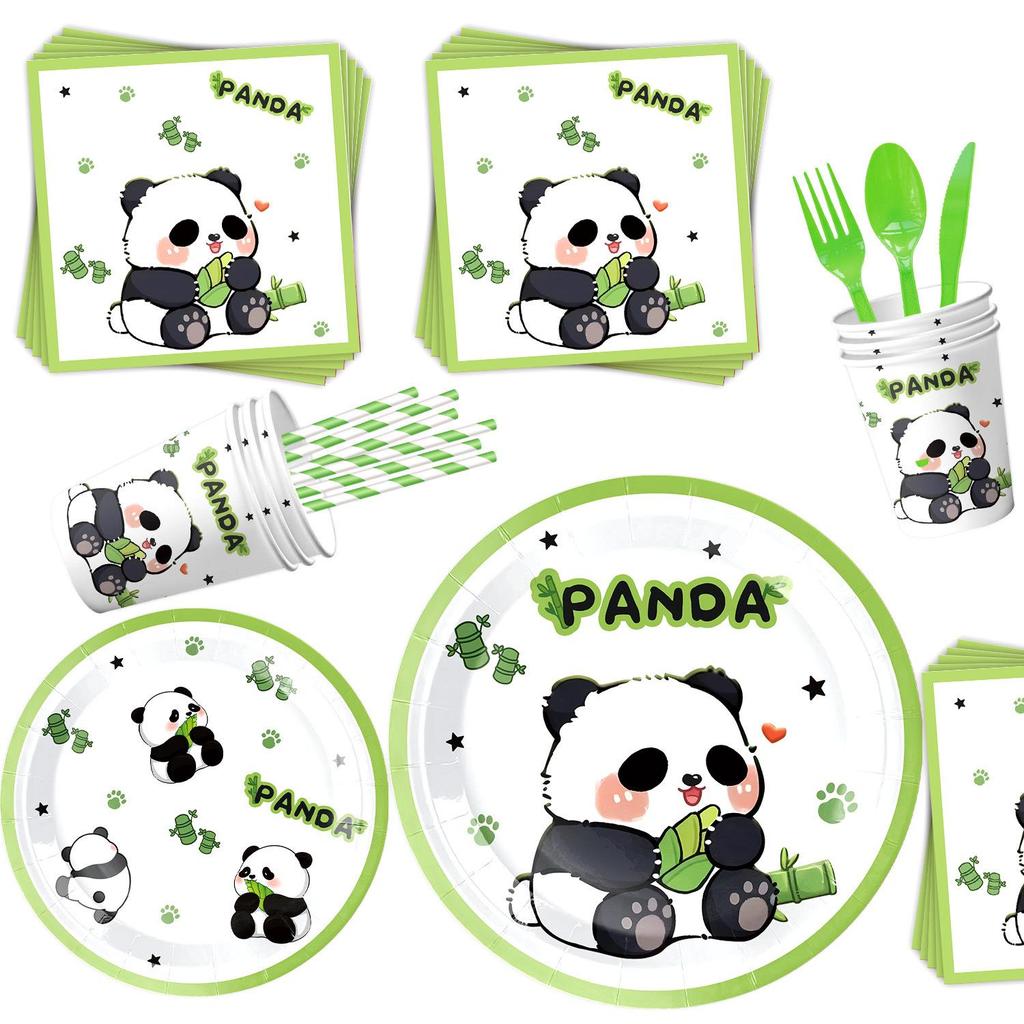 Bamboo Panda Theme Birthday Party Tableware Set: Disposable Tablecloth, Plates, Napkins, Cups, and Pull Flags