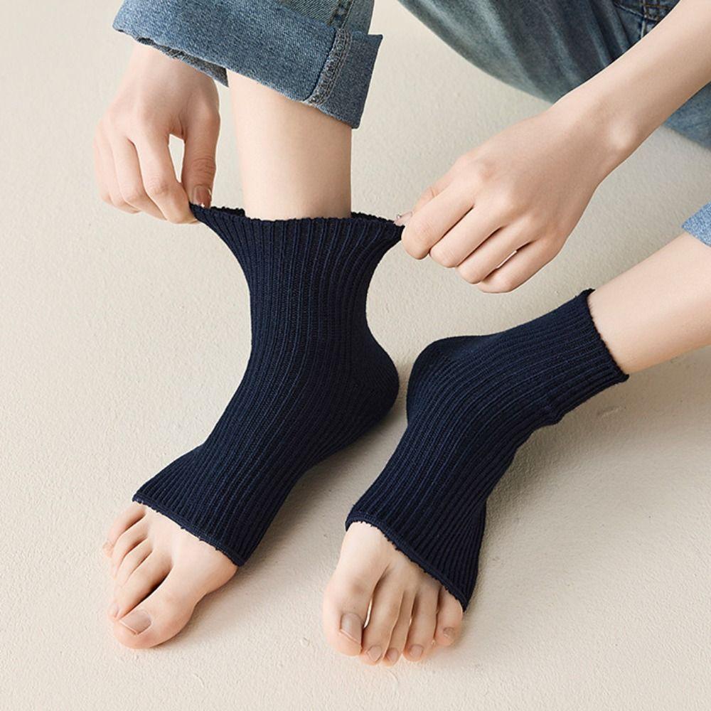 3Pairs Knitted Short Tube Socks Solid Color Mid-calf Socks Women Breathable Bare Toe Socks Lady