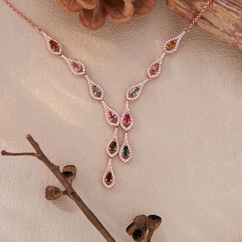 Natural Tourmaline Color Treasure Jewelry Set Chain Necklace Women'S S925 Silver Rose Gold Xiaohongshu Wechat Channels