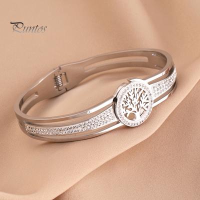 Damesarmband Zirkonia Levensboom Decor Uitgesneden Gegalvaniseerd Titanium Staal Armband voor Gala Dagelijkse Date Cadeau voor Geliefden
