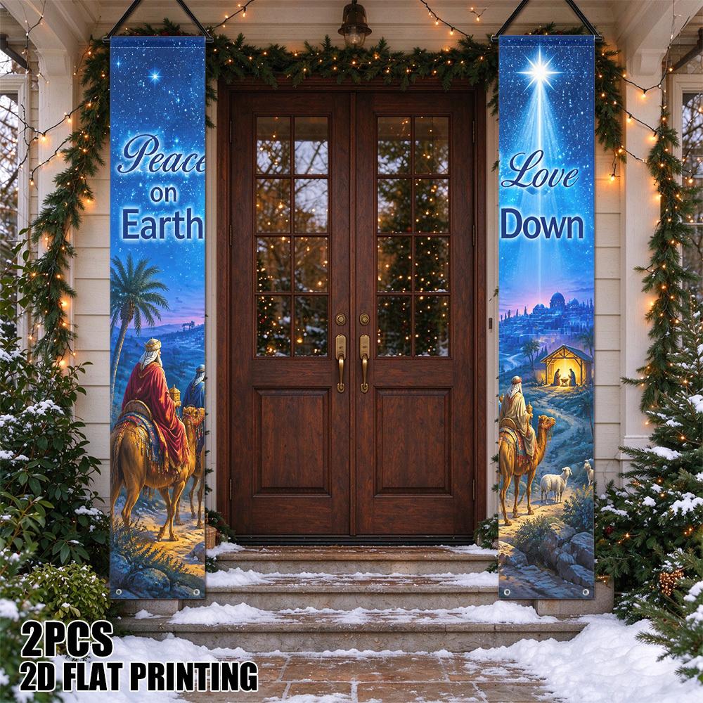 2D Flat, 2D Flat Printing 2pcs Christmas Magi Camel Journey Christmas-Themed Party Decoration Couplets, Suitable for New Year Holiday, Christmas Eve H