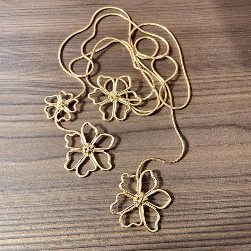 Hollows Long Sweater Necklace Women Elegant Pendant Petal Pattern Necklace for Daily Commute Or Event