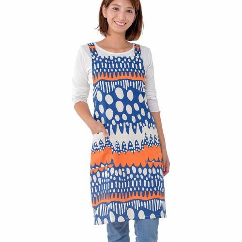 Fabrizm Japanese-made Knee-Length Kitchen Apron with Back Cross, Vanilla Pattern, Blue and Orange, 1185-bl-bl