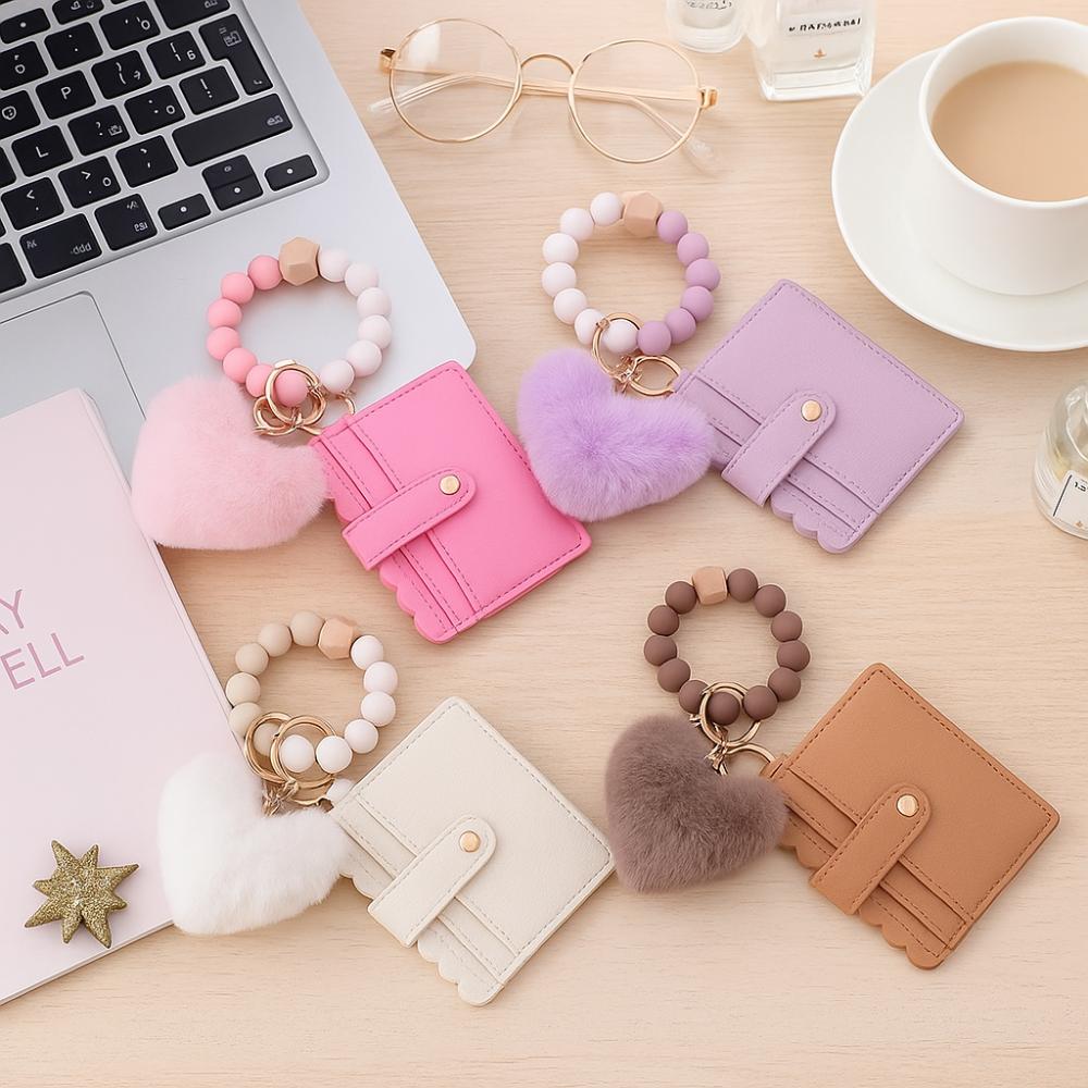 Silicone Beaded Wristlet Keychain Tassel Design Leather Tassel Wallet Keychain  Daily Accessory