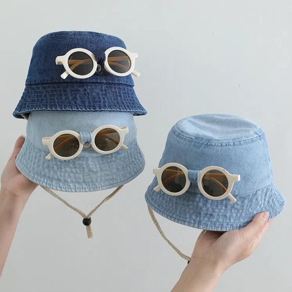 Solid Color Baby Hat With Sunglasses Spring Denim Bucket Hat Fisherman Hats For Kids 1-4 Year