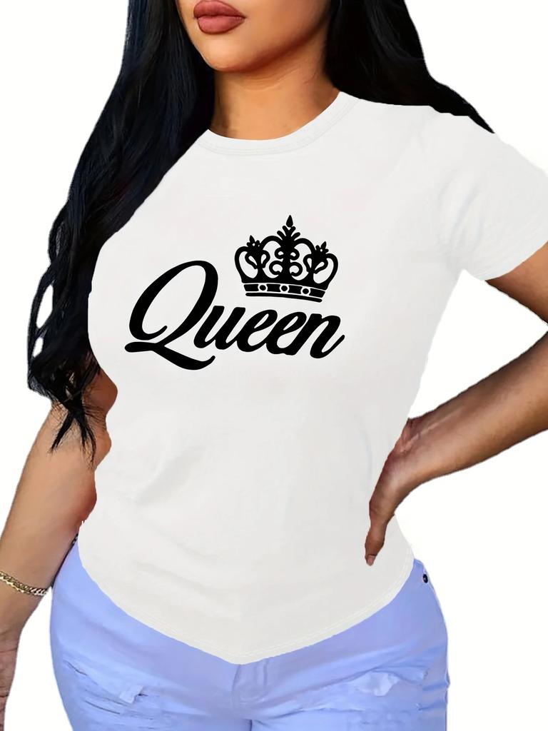 Queen Fashion Print Tricou pentru femei Top casual cu mânecă scurtă pentru primăvară și vară, îmbrăcăminte pentru femei, elemente de bază, guler O