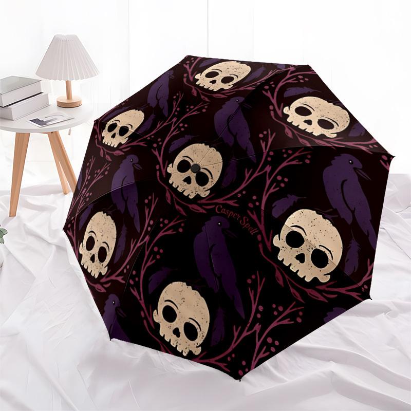 1pc Skulls Ravens Automatic Umbrella - 8-Rib Portable Folding Black Iron Frame for Outdoor, Beach, Travel, Beach Umbrella,011