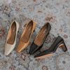 Spring Ins Elegant Women 5cm Block High Heels Pumps Designer Office Lady Square Toe Brown Beige Heels Wedding Dress Shoes