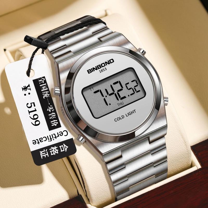 Binbang Watch Simple and Fashionable Round Digital Trendy Man Waterproof Sports Steel Belt Electronic Watch