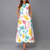 Oversized Women Sleeveless Round Neck Dress Elegant Cluster Flower Printed Loose Mid Calf Dress