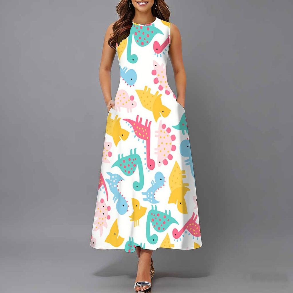 Oversized Women Sleeveless Round Neck Dress Elegant Cluster Flower Printed Loose Mid Calf Dress