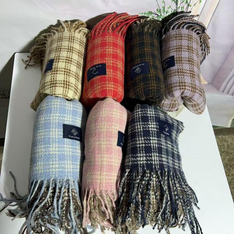 Plaid Scarf Women's Winter Korean Style Atmosphere Neck Protector Cute Thickened Warm Red Scarf Shawl Thickened with Tassels