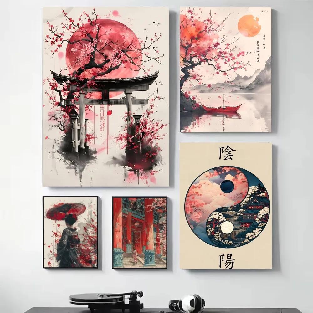 1pc RETRO Landscape Samurai Geisha Bonsai Torii Gate Sakura Poster HD Posters Home Room Bar Cafe Decor Art Wall Painting Picture
