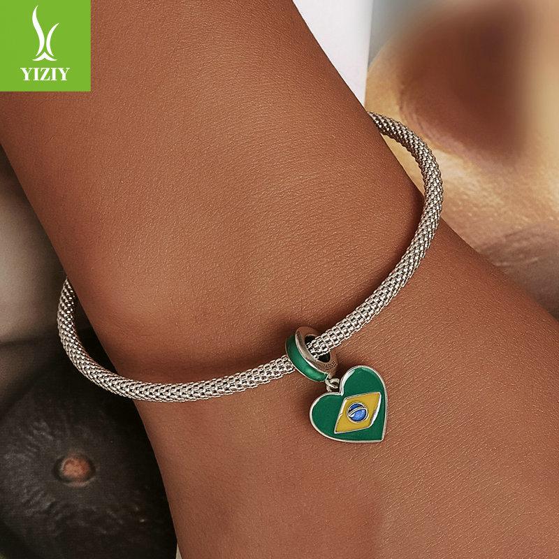 S925 Silver Brazilian Flag Heart Pendant with Green Enamel Drip