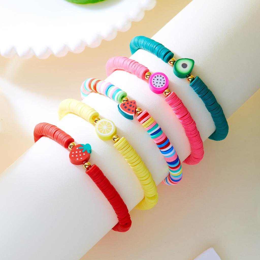 Bohemian Cute Sweet Fruit Charm Bracelets For Women Watermelon Strawberry Lemon Soft Clay Pottery Beaded Bangles Party Jewelry