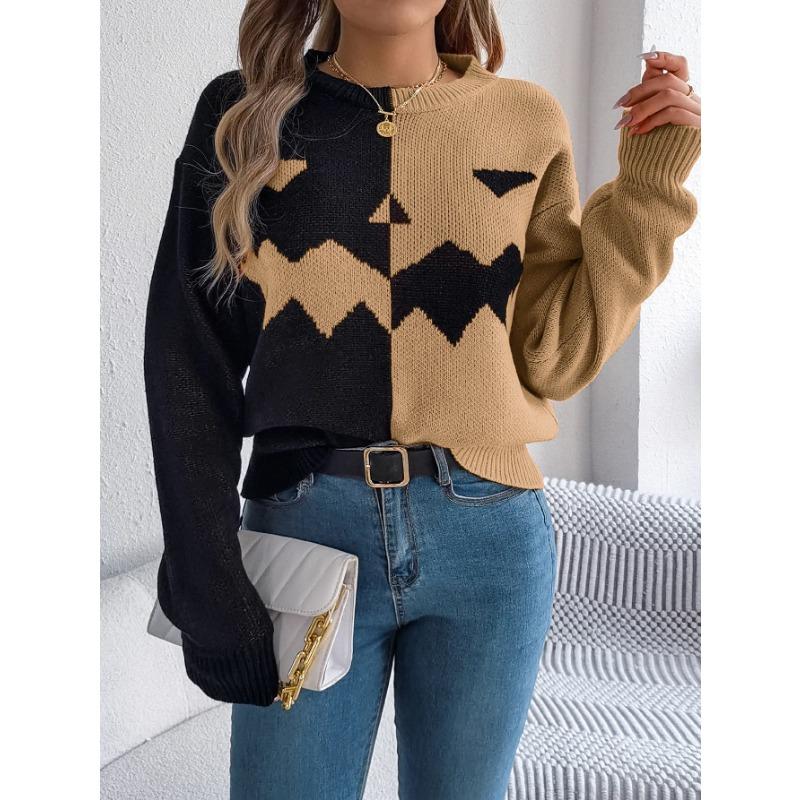 Autumn and Winter Women Halloween Pumpkin Contrast Color Knitted Long Sleeve Loose Sweater