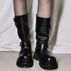 Women'S Punk Motorcycle Boots Street Black Big Toe Platform Square Heels Mid-Calf Boots Buckle Belt Shoes