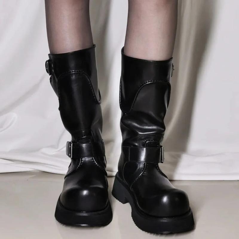 Women'S Punk Motorcycle Boots Street Black Big Toe Platform Square Heels Mid-Calf Boots Buckle Belt Shoes