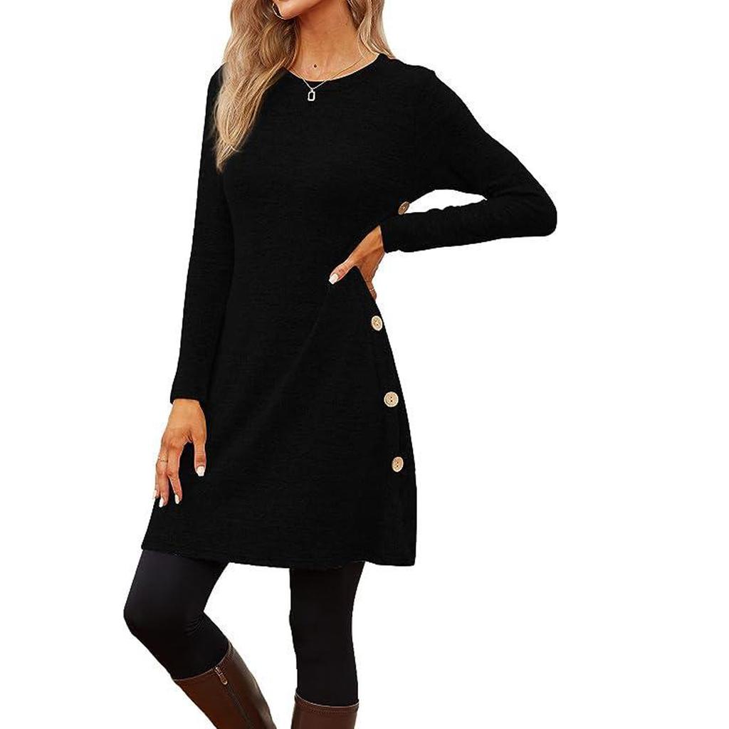 Women's Casual Round Neck Hem Slit Long Sleeve Dress