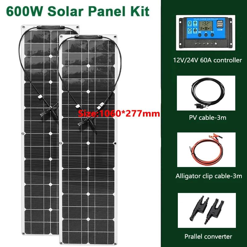 600W 300W Flexible Solar Panel Kit 12V Battery Charger Monocrystalline Cell Solar System For Outdoor Camping Yacht Car RV Boat