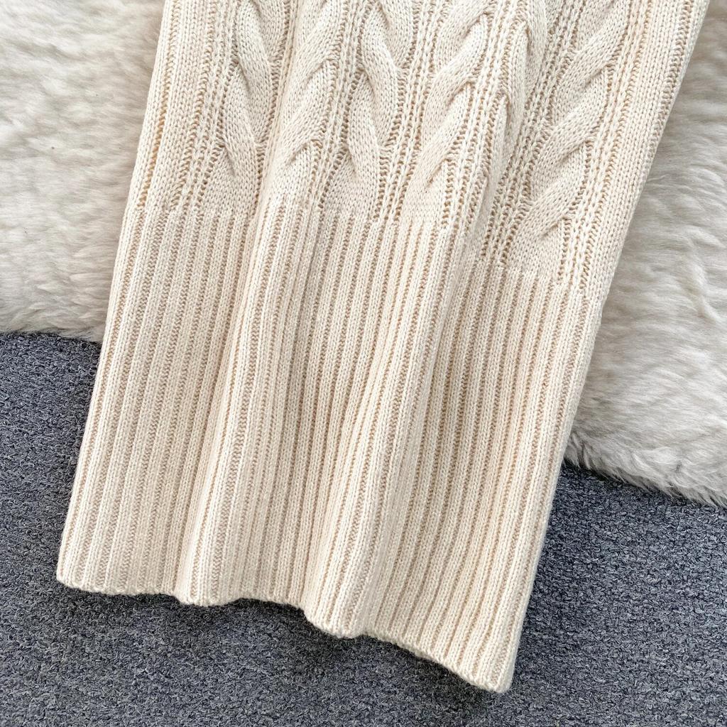 Pull mi-long pour femme, jupe de Base, rétro, fleur torsadée, coupe cintrée, tempérament, col en v, manches longues, robe tricotée, hiver