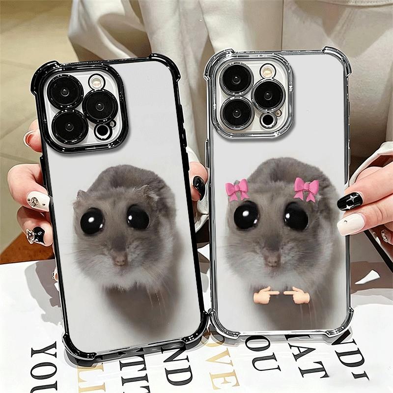 Funny Sad Hamster Meme Plating Phone Case For Iphone 16 17 Pro Max Air 16E 14 15 Plus 12 13 Mini Anti-Fall Airabag Cover