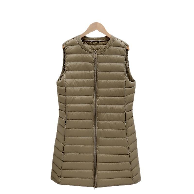 Autumn and winter collarless medium and long light down vest women's short round neck sleeveless zipper vest vest vest vest