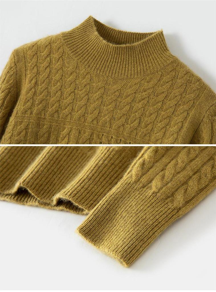2026 Autumn/Winter Women's Pure Wool Thick Cable Knit Sweater with Half-High Collar and Long Sleeves