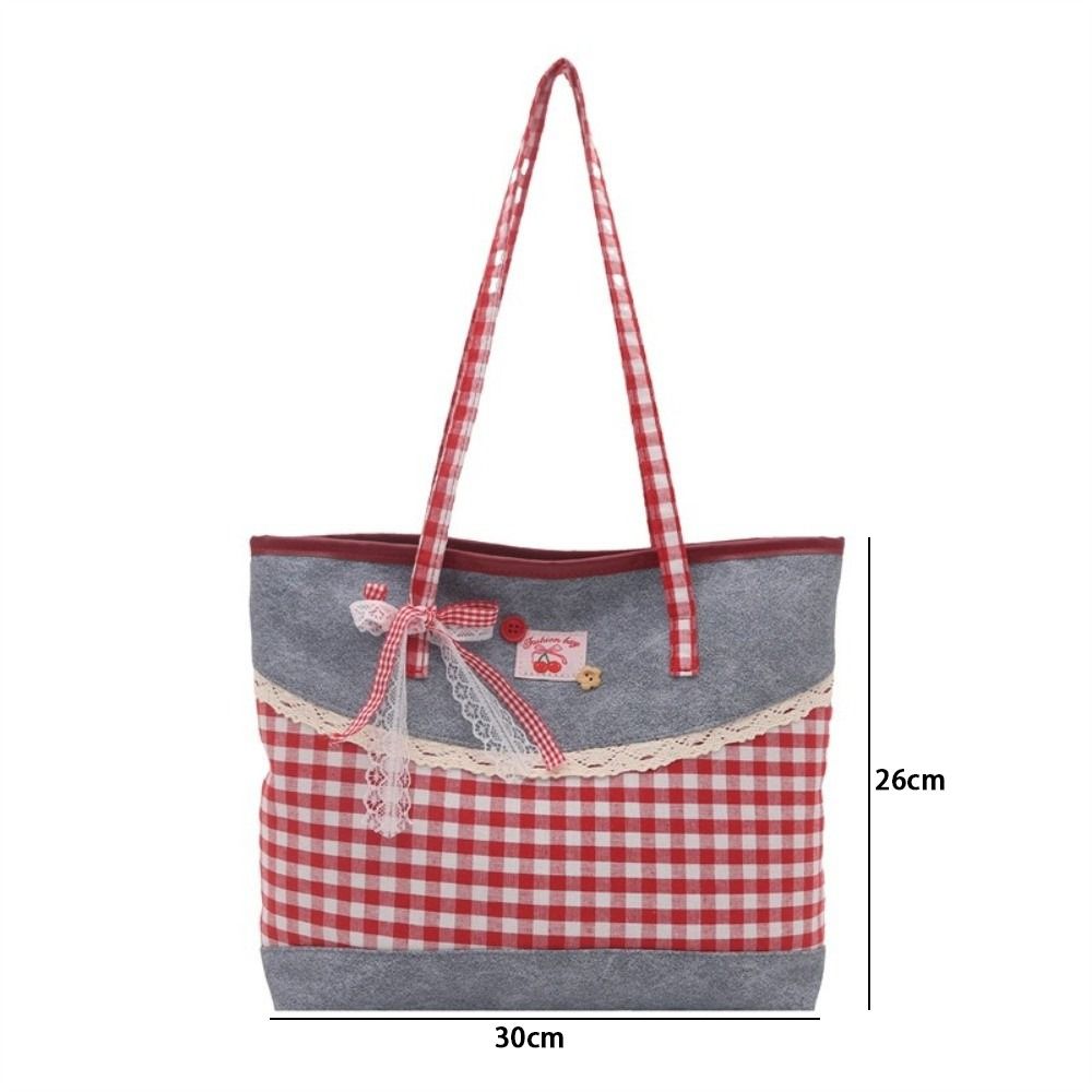 Fashion Lattice Lace Bow Shoulder Bag Casual Large Capacity Handbag Versatile Tote Bag Women