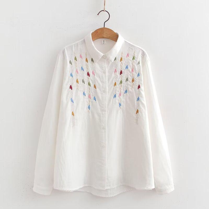 Retro Artsy Ethnic Style Embroider Flower Pure Cotton Shirt 2024 Spring New Arrival Loose All-Matching Top Women