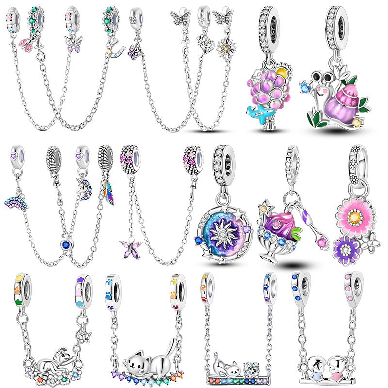 Copper Metal Lovely Purple Charm Bead Components Cat Dog Butterfly Flower Secure Safety Chain Dangle Pendant Bead Components Compatible With 4MM Hole