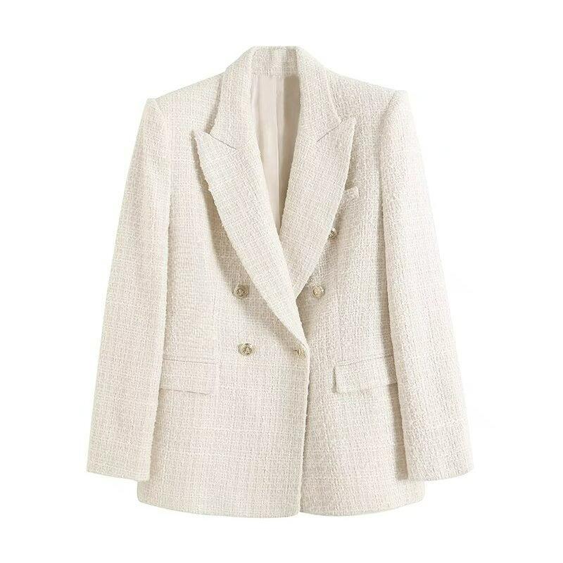 Women's Spring and Autumn Fashion Double-breasted Tweed Plaid Suit Jacket Retro Long-sleeved Pocket Suit Jacket