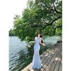 This year's popular beautiful mesh yarn one-word shoulder smudge dress, waist and thin temperament vacation super fairy fishtail skirt