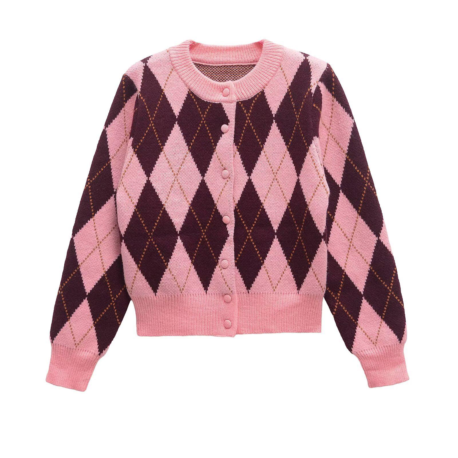 

2025 Spring Women s Diamond Jacquard Knit Cardigan - Round Neck, Long Sleeve S