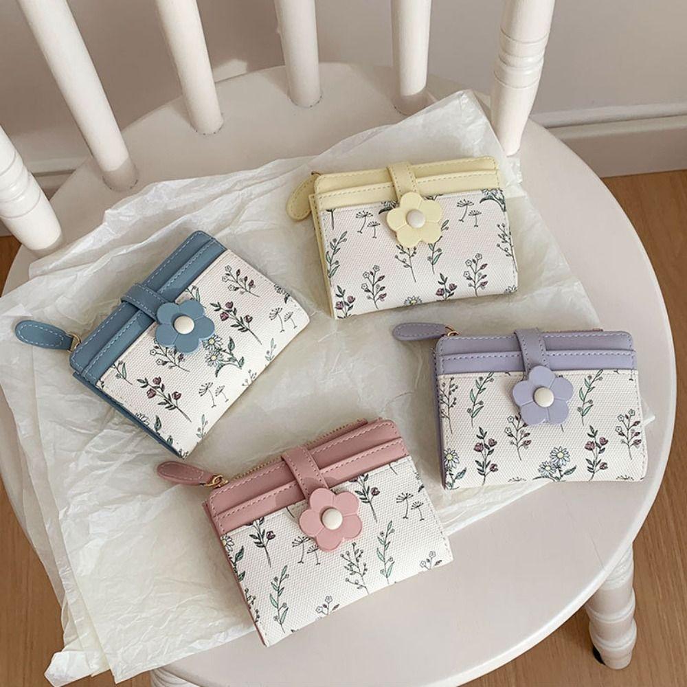 Korean Style PU Leather Card Holder Floral Folding Card Bag Retro Flower Short Wallet  Women