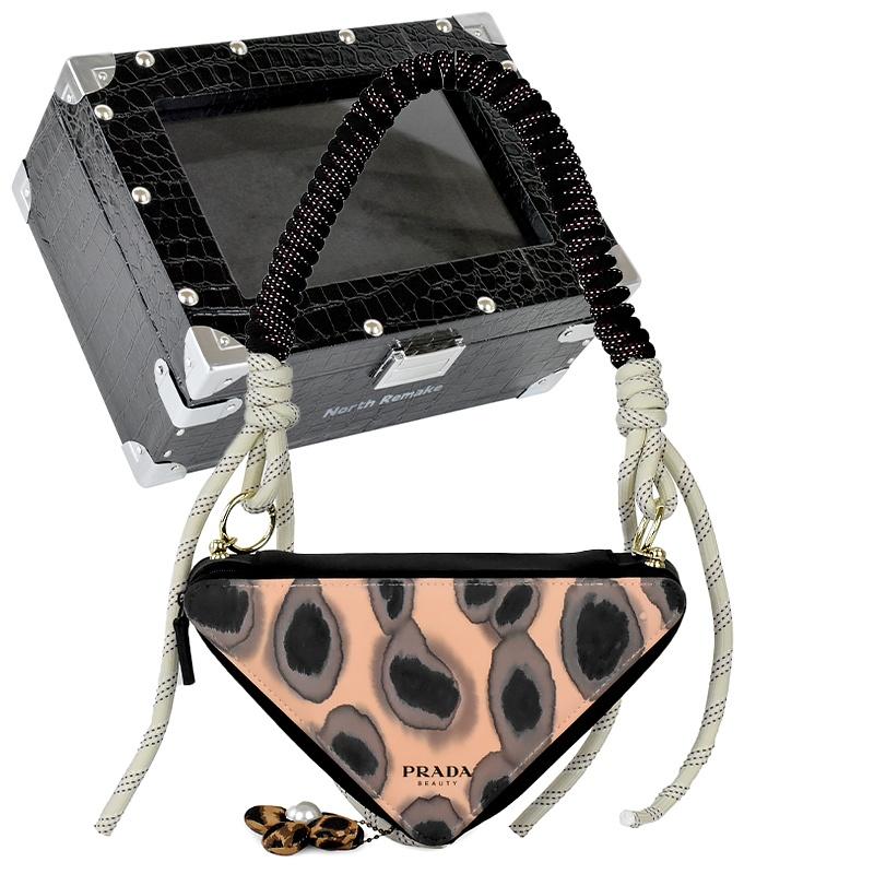Косметичка/туалетная сумка Prada [Индивидуальная сумка] Huazhuibao Модный стиль Instagram Для поездок на работу Простая Рабочая одежда Нишевый Цветок Капля Леопард-Черный Подарочная коробка чёрный