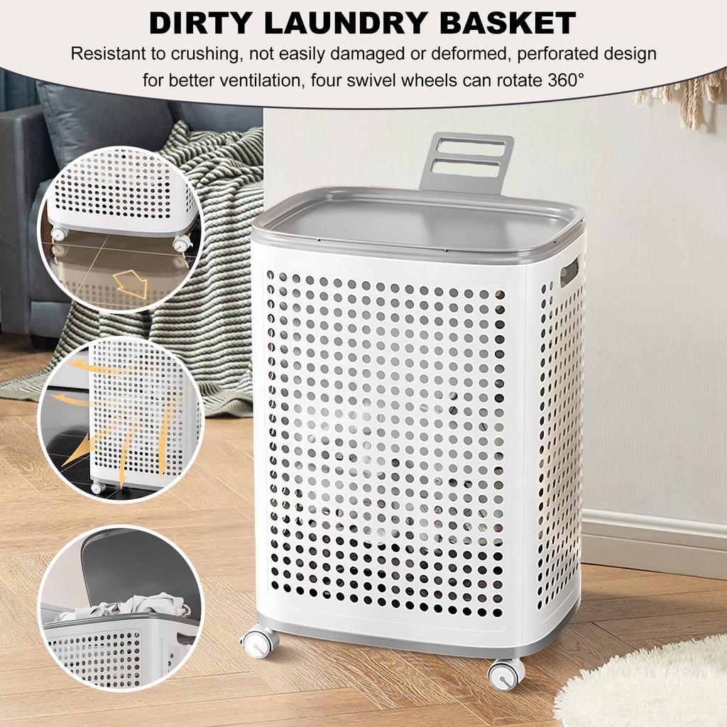 Dirty Clothes Basket Large Capacity Hollow Out Laundry Basket with Wheels Bathroom Organizer W/ Lid Washing Basket for Home Use