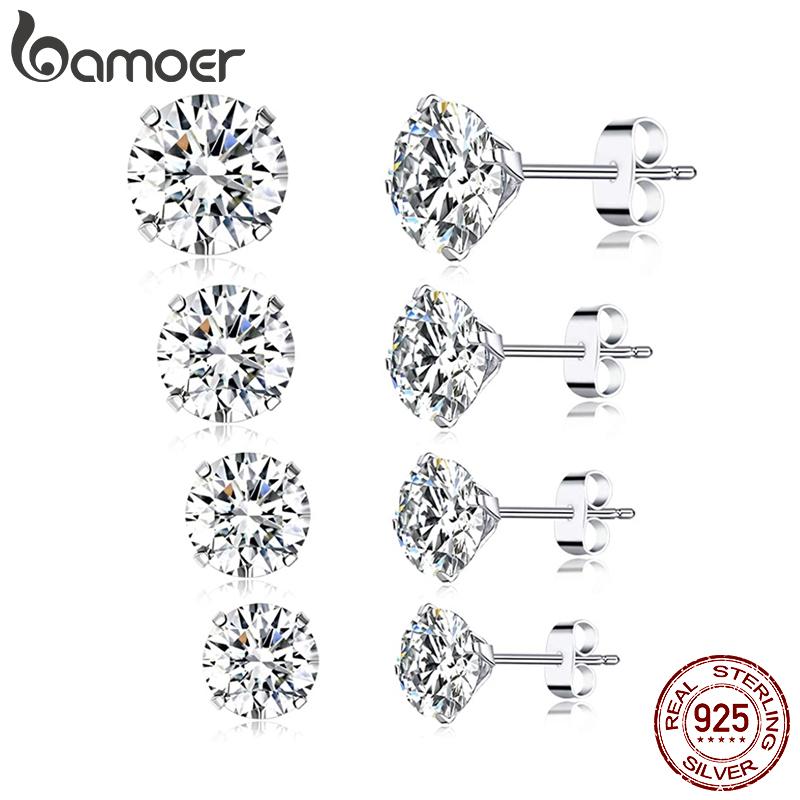 Bamoer 925 Ayar Gümüş Temel Romantik Saplama Küpe Katı Temizle Kübik Zirkonya 4-7mm Takı