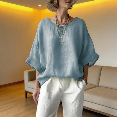 Women Tops Round Neck Half Sleeve Loose Fit Pullover Tops Pure Color Soft Fabric Casual Blouse Daily Wear