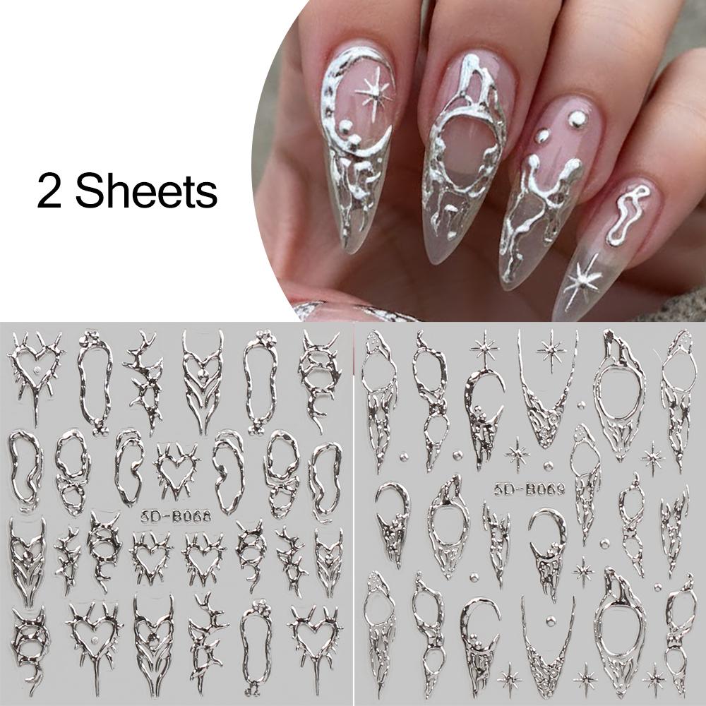 2pcs Vintage Thorns Y2K Nail Art Stickers 5D Embossed Gold Silver Moon Star Retro Nail Decals Adhesive DIY Manicure Decor