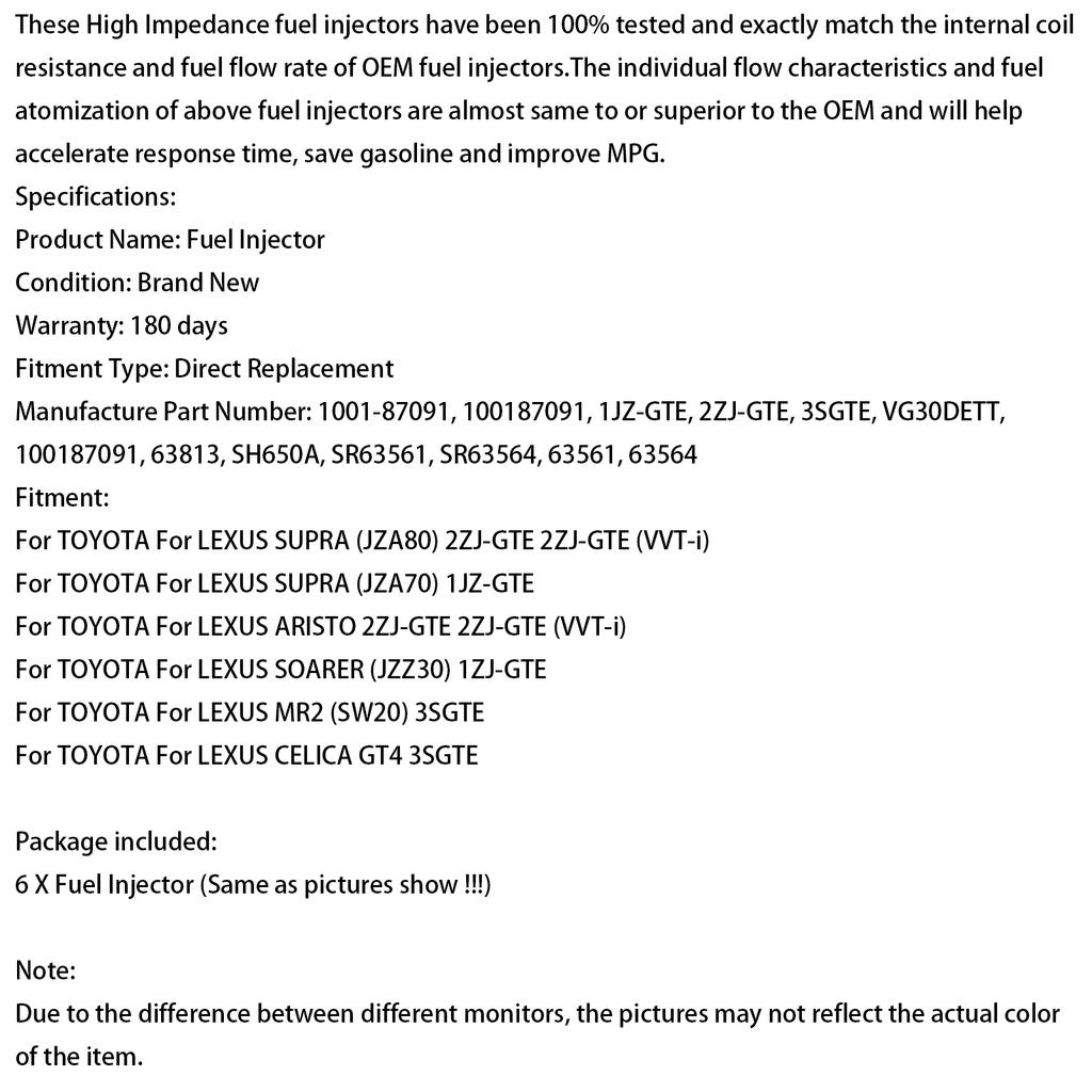 6 szt. Wtryskiwacz paliwa 1001-87091 Pasuje do Denso 650CC Pasuje do Toyota Supra JZA80 2JZGTE 2JZ