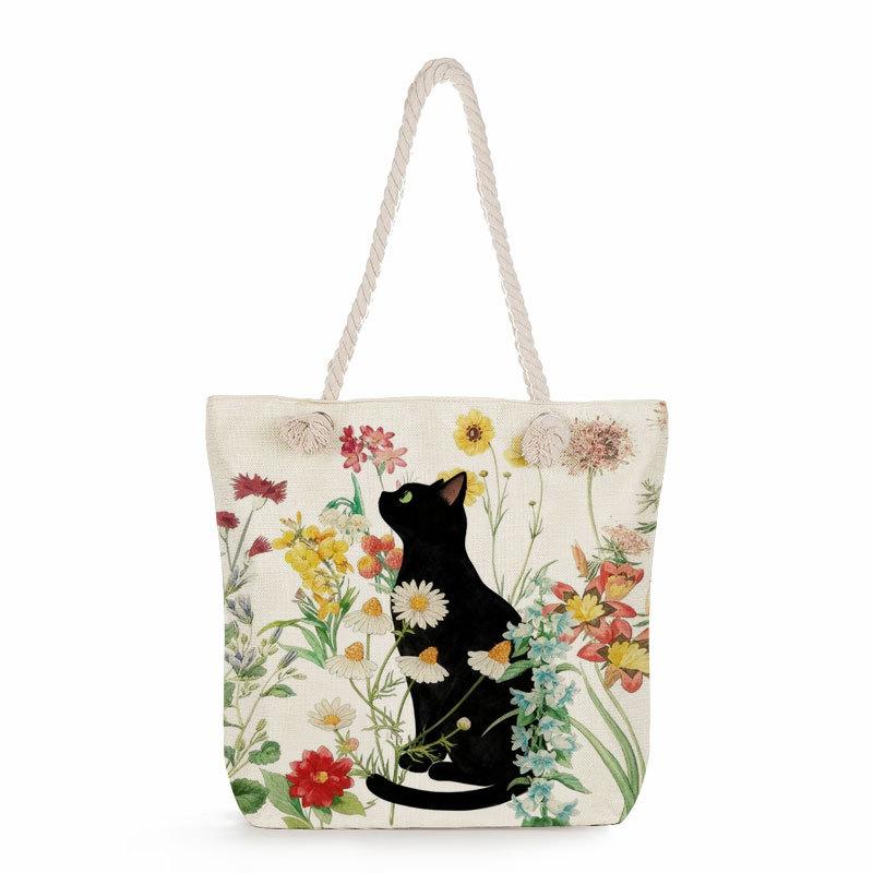 Multifunctional Black cat  Printed Thick Rope Shoulder Beach Bag 7579