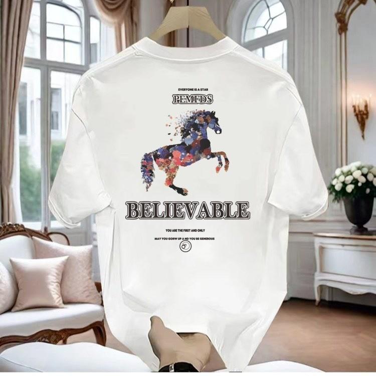 Horse print short sleeve T-shirt Men 2025 new summer 100% cotton half sleeve ins style interesting street T-shirt