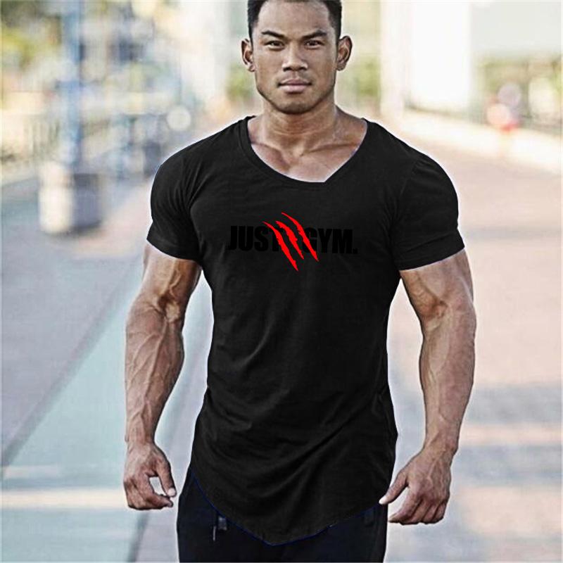 Muscleguys Mens Casual Irregular Sport Clothing Summer Cotton V-neck Short Sleeve Workout Shirts Gym Bodybuilding Fitness Slim Fit T-shirts