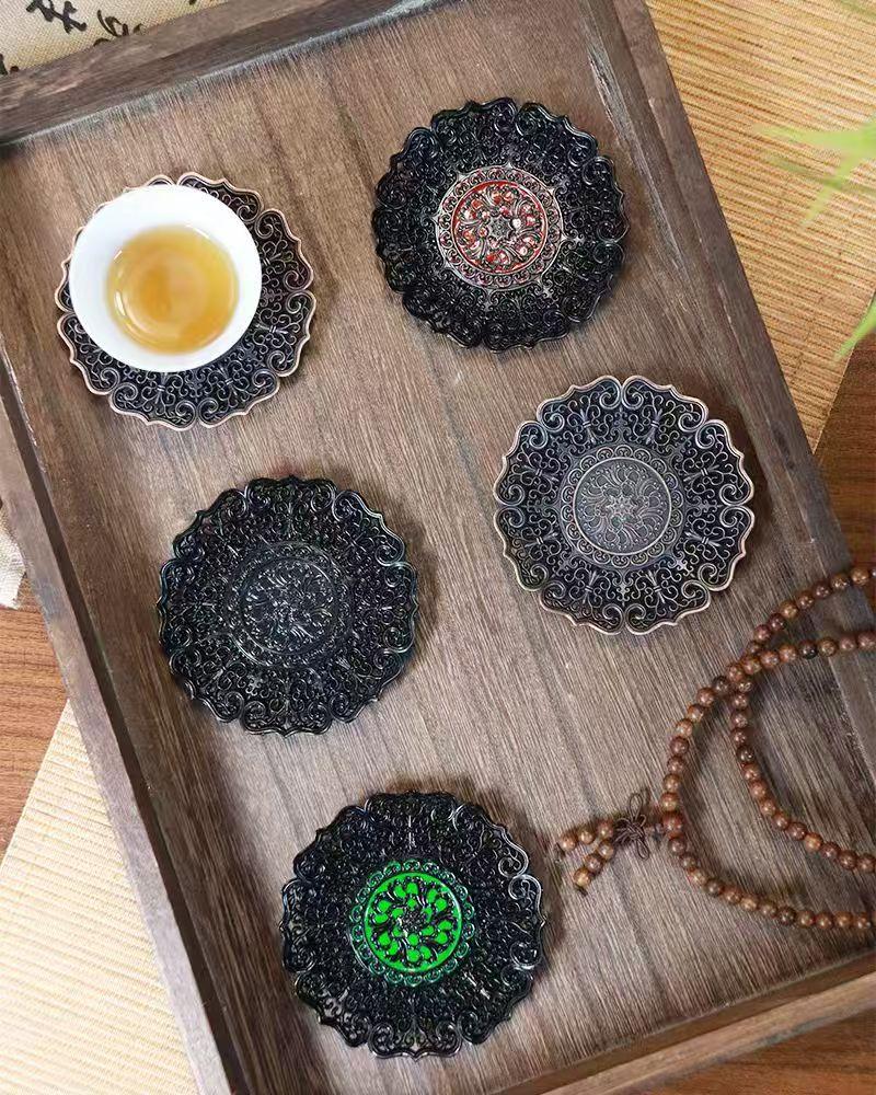 Japanese style cup holder, alloy tea cup pad, circular insulation pad, retro kung fu tea cup holder, tea ceremony accessories