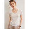 Bailuyu Women's Solid V-Neck Short Sleeve T-Shirt with Wool-Tencel Blend