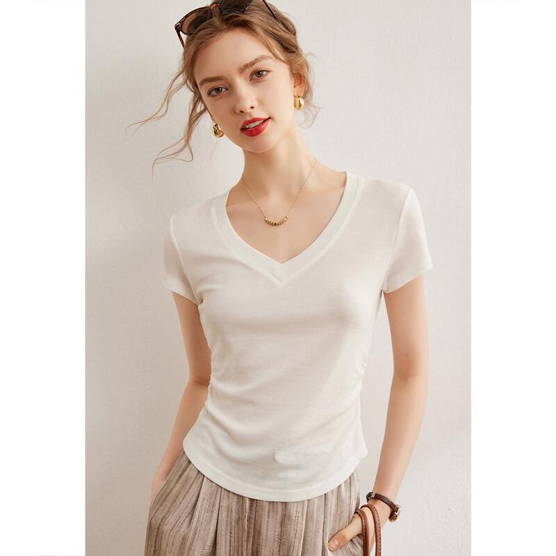 Bailuyu Women's Solid V-Neck Short Sleeve T-Shirt with Wool-Tencel Blend