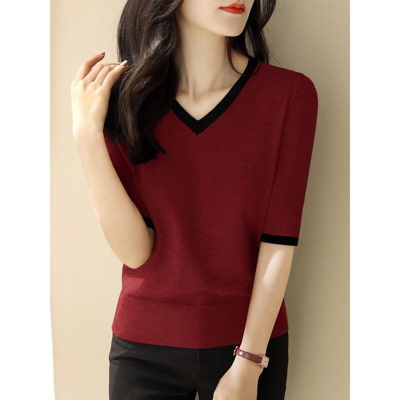

Short Sleeve Knitwear T-shirt Women s Clothing 2023 New Arrival Summer Fashion round Neck Slim Fit Pullover Slimming Bottoming Top Thin Wine Red [V-neck sleeve]] 3XL