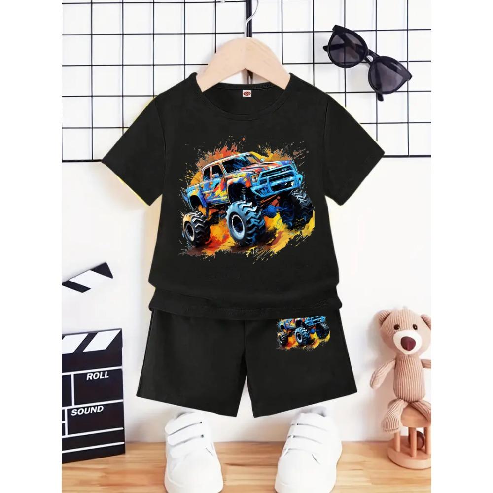 Cartoon car children s printed pattern short sleeved T-shirt+shorts set 150