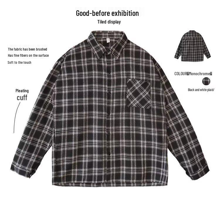 Spring Men's Retro Loose Plaid Hoodie Long Sleeve Shirt - Korean & Hong Kong Style